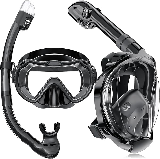 Full Face Snorkel Mask, Snorkeling Gear for Adults Men and Women, 180 Degrees Panoramic View Snorkel Set Anti-Fog Anti-Leak, Dry Top System and Travel Bag for Swimming, Snorkeling-StrideForce Fitness