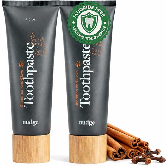 Nudge 10% Nano Hydroxyapatite Toothpaste, Remin+ Formula with Vitamin E, Fluoride-Free, SLS-Free, Helps Remineralize Enamel, Supports Sensitive Teeth, Cinnamon and Clove, 4.5 oz (Pack of 2)