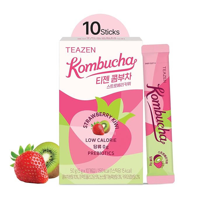 TEAZEN Strawberry Kiwi Kombucha Tea, Hydration Drink Mix, Sugar Free, Live Probiotics & Prebiotics, 10 Sticks, 1.76oz-StrideForce Fitness