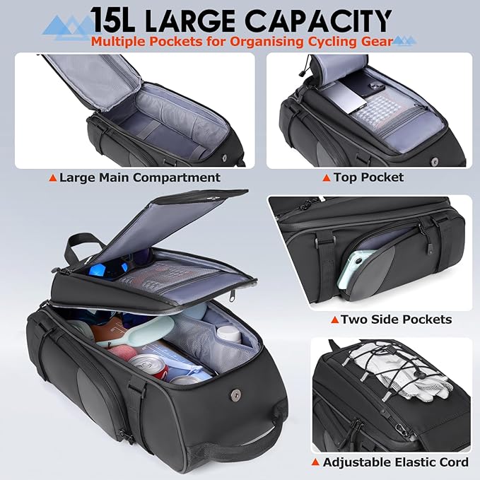 RAINSMORE Bike Bags for Bicycle Rear Rack 15L Waterproof Bike Ebike Trunk Pannier Saddle Bag with Rain Cover Bike Accessories Backpack Shoulder Bag for Commuter Travel Outdoor, Black-StrideForce Fitness