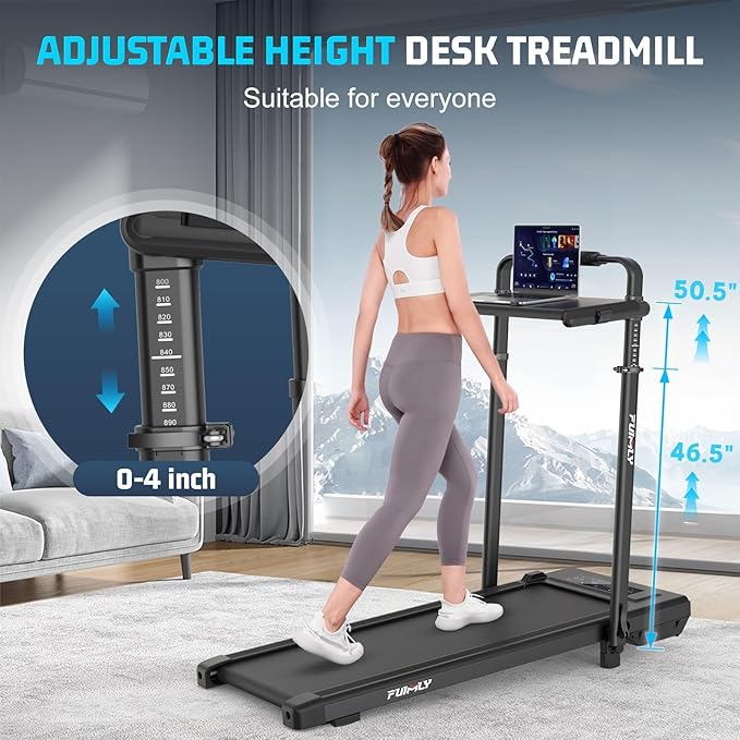 Walking Pad Treadmill with Desk Workstation, 10% Incline Foldable Treadmill with Handrail, 300lbs Capacity, 3 Control Methods, 8 in 1 Folding Treadmills for Home Office-StrideForce Fitness