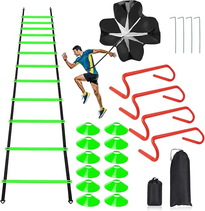 Speed & Agility Ladder Training Equipment Set, Includes 12 Rung 20ft Agility Ladder, 4 Agility Hurdles,12 Disc Cones, 1 Resistance Parachute for Training Football Soccer Basketball Athletes-StrideForce Fitness