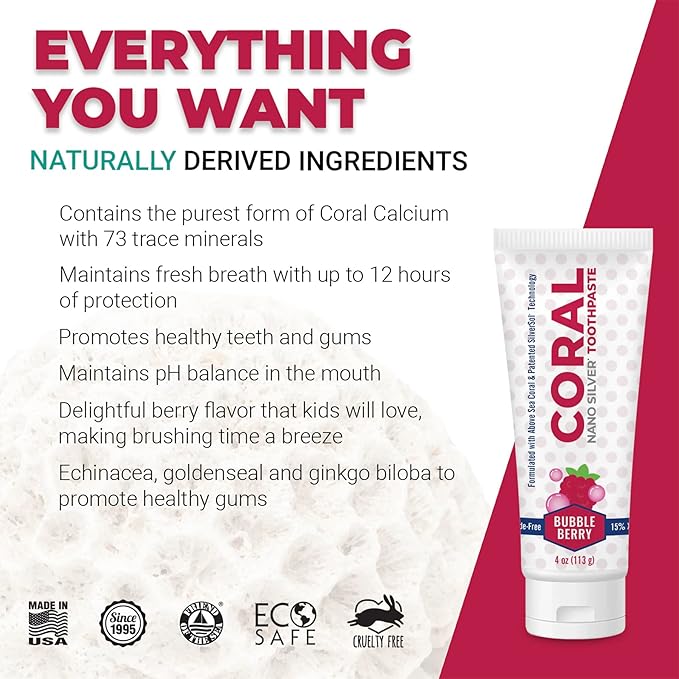 Coral White Kids Toothpaste - Bubble Berry Fluoride Free with Nano Silver & Coral Calcium | 4oz