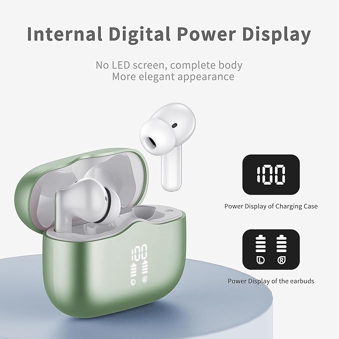Wireless Earbuds, Bluetooth 5.4 Headphones in Ear with 4 ENC Noise Cancelling Mic, New Wireless Earphones HiFi Stereo Deep Bass 40H Playtime, in-Ear Bluetooth Earbuds LED Display IP7, USB-C, Green-StrideForce Fitness