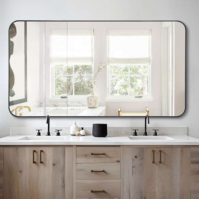 FORBATH Bathroom Mirror 30" X 60"，Large Rectangular Wall Mirror, Black Metal Framed Rounded Corner Wall Mounted Mirror for Bathroom Bedroom Entryway Decor(Horizontal/Vertical)-StrideForce Fitness