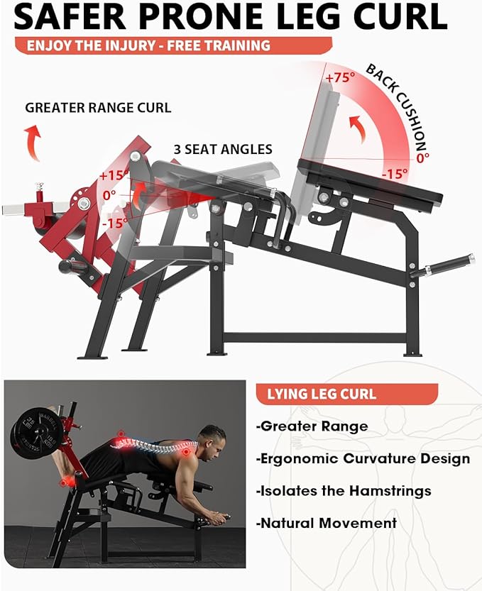 GMWD Leg Extension and Curl Machine, Single Leg Extension, Lying Leg Curl, Standing Leg Curl, Adjustable Leg Exercise Bench with Plate Loaded, Leg Machine Home Gym, Red-StrideForce Fitness
