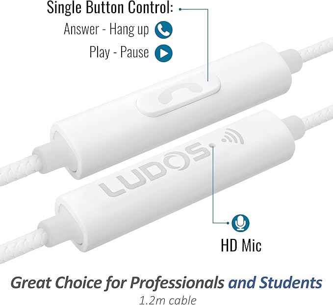 LUDOS Clamor Wired Earbuds in-Ear Headphones, 5 Years Warranty, Earphones with Microphone, Noise Isolating Ear Buds, Memory Foam for iPhone, Samsung, School Students, Kids, Women, Small Ears - White-StrideForce Fitness