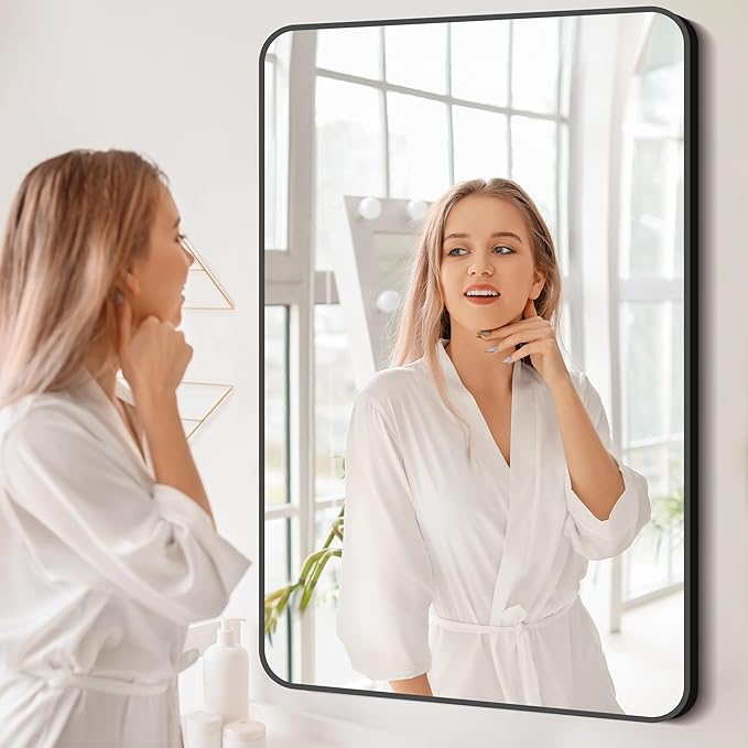 30x48 inch Bathroom Mirror,Black Rectangle Mirror,Wall Mounted Bathroom Frame Vanity Mirror with Round Corner for Bedroom Living Room, Entryway Hangs Horizontal or Vertical-StrideForce Fitness