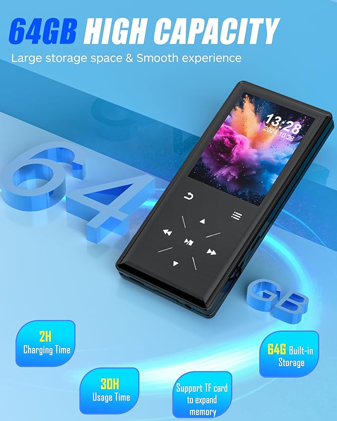 64GB Bluetooth MP3 Player - 2.4" Screen Portable HiFi Mp3 Player with Built-in Speaker, MP3 Music Player with Voice Recorder, FM Radio, Touch Buttons,Support up to 256GB SD Card-StrideForce Fitness