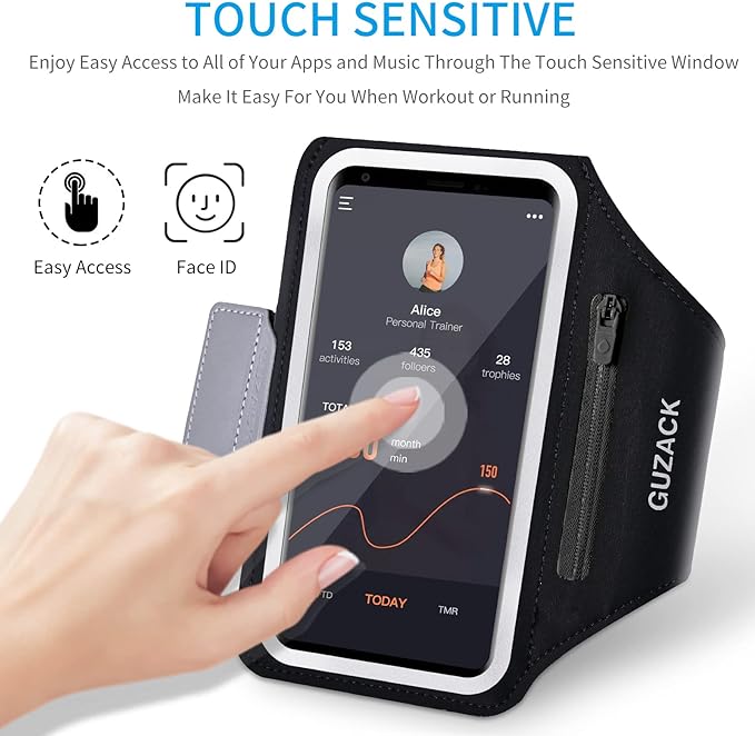 GUZACK Running Phone Holder with Zipper Pouch, Running Armband for iPhone 16 Pro/15/14/13/12/11 Pro Max/Plus/XR/XS, Galaxy S25/S24/S23/S22, Cell Phone Arm Holder with Card Slot - Size S-StrideForce Fitness