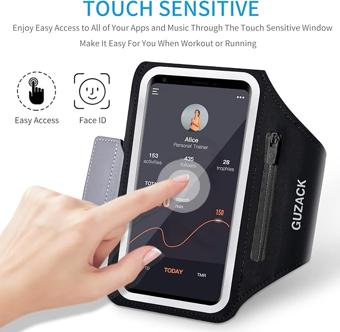 GUZACK Phone Holder for Running with Zipper Pouch, Running Armband for iPhone 16 Pro/15/14/13/12/11 Pro Max/Plus/XR/XS, Galaxy S25/S24/S23/S22, Cell Phone Arm Holder with Key Pocket & Card Slot-StrideForce Fitness