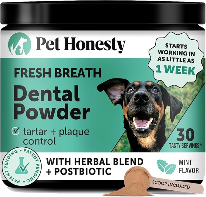 Dog Breath Freshener Dental Powder for Teeth Cleaning Plaque Off, Dental Care for Dogs, Tartar Remover for Teeth with Natural Herbal Blend + Postbiotics (Mint - 30 Servings)
