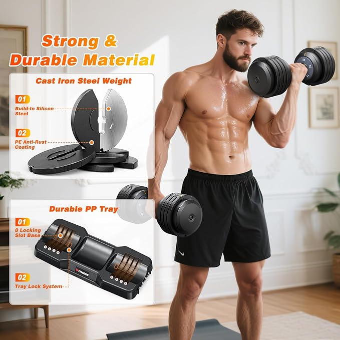 XDDIAS Adjustable Dumbbell Set of 2, 25/55/80LB Dumbbell Set-1Sec Adjustable Weights-5/10 in 1 Free Weights Dumbbells Set with Effortless Tray/No-Slip Handle-Compact Size for Women/Men at Home Gym-StrideForce Fitness
