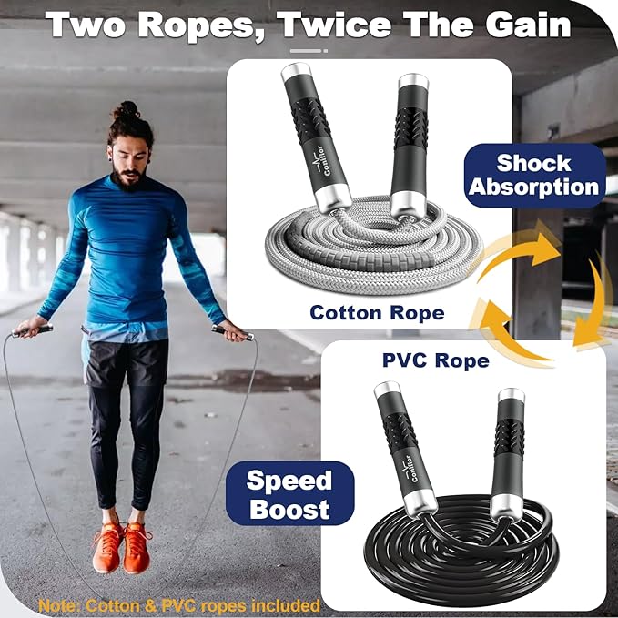 Weighted Jump Rope, 1LB Tangle-Free Ball Bearing Rapid Speed Skipping Rope for Men Women, Adjustable 9mm Cotton & PVC Rope with Alum Handle for Boxing MMA Weight-Loss Athletic Workout Fitness-StrideForce Fitness