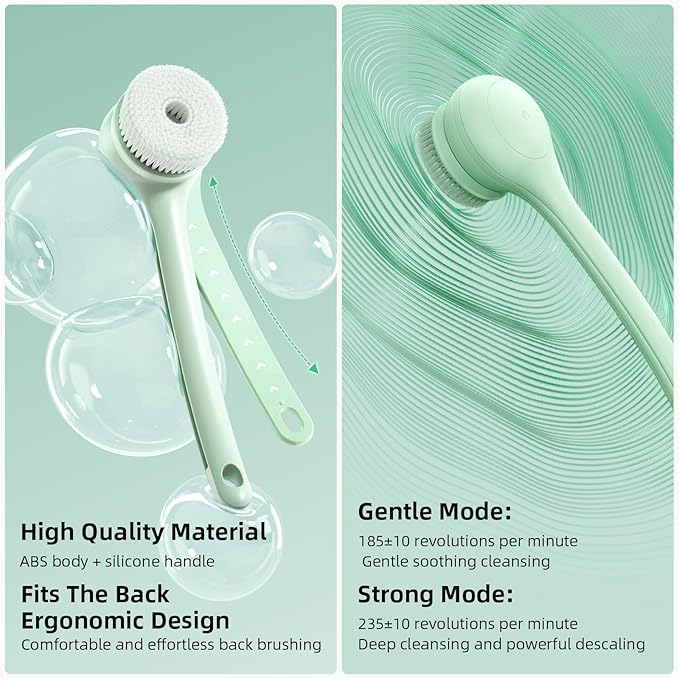 Electric Body Brush Back Scrubber for Shower, Waterproof Long Dual Handle Power Body Scrubber with 3 Heads, Rechargeable Bath Brush & 2 Speeds, for Cleansing, Exfoliating and Massaging Skin-StrideForce Fitness