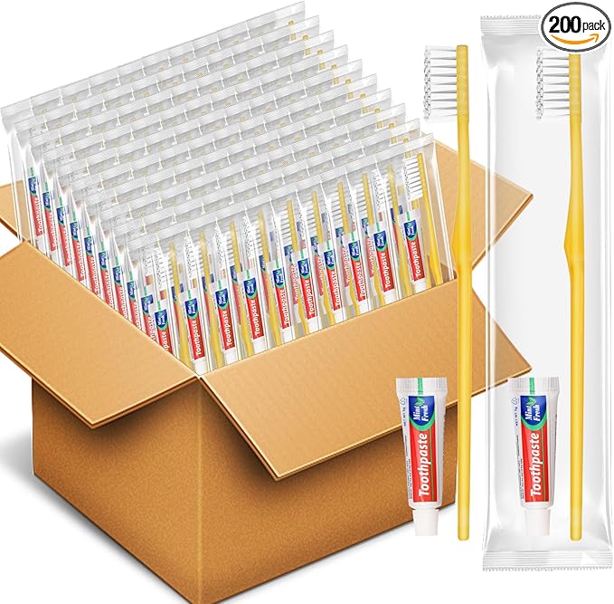 HOFASON Disposable Toothbrushes with Toothpaste Pack of 200, Bulk Travel Toothpaste and Toothbrush Set Yellow Hollow Toothbrush 5g Tooth Paste Individually Wrapped for Homeless Shelter Charity Hotel