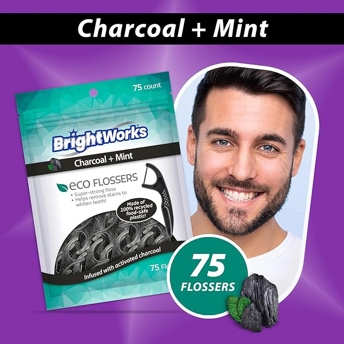 Brightworks ECO Sustainable Floss Picks - 225 Count - PFAS Free - Made in USA Charcoal + Mint Infused 100% Post-Consumer Recycled Plastic with Micro-Crystals for Oral Care Hygiene Gum Health