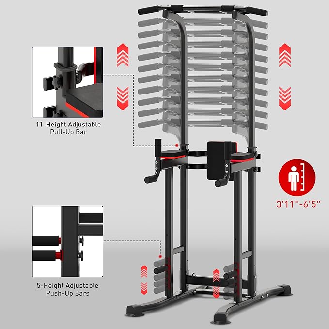 Outdoor Basic Power Tower Max Pull Up Bar and Dip Station - Heavy Duty 1600LBS Weight Capacity, Reinforced Steel Frame for Maximum Stability, Multi-Function Home Gym Equipment with Adjustable Height for Strength Training Fitness-StrideForce Fitness