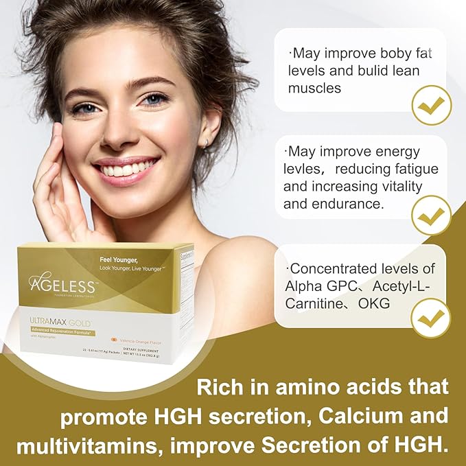 Ageless UltraMAX Gold - HGH Anti-Aging Supplement for Women & Men - Rejuvenates Skin, Restores Youthful Appearance, Boosts Energy & Sleep, Effervescent Powder - Valencia Orange Flavor - 22 Packets-StrideForce Fitness