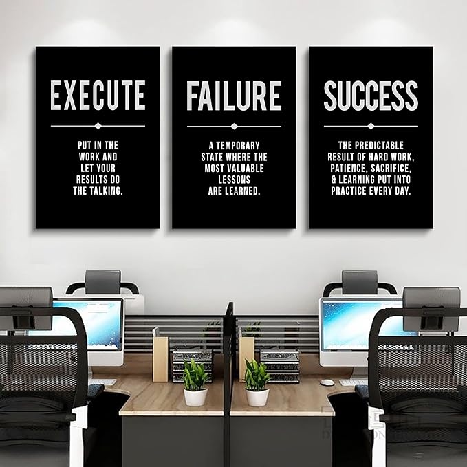 Framed Canvas Wall Art Success Quote, Office Wall Art, Black Large Poster, Positive Motivational Set of 3 Prints, Execute Failure Definition, Inspirational Print (A-3pcs,20x30inchx3pcs)-StrideForce Fitness