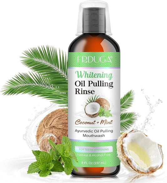 Pulling Oil for Teeth with Natural Coconut&Peppermint Essential Oils and Vitamin D, E, Alcohol Free Mouthwash，Helps with Fresh Breath, Teeth Whitening, Gum Health- with Tongue Scraper, (8 Fl. Oz) (1)