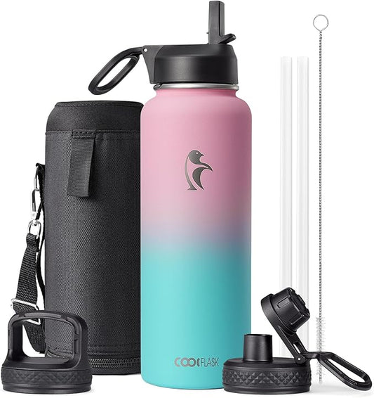 40 oz Insulated Water Bottle with Straw&3 Lids, Coolflask Stainless Steel Metal flask Wide Mouth for Sports or Office, Non-BPA Keep Cold Up to 48 Hrs or Hot Up to 24 Hrs, Bubblegum Princess-StrideForce Fitness