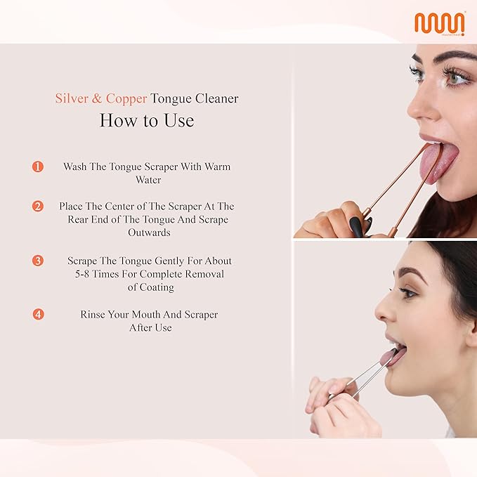MasterMedi Tongue Scraper for Adults, 100% Stainless Steel & Copper Tongue Scrubber for Bad Breath, Easy to Use, Tongue Cleaner for Oral Care & Hygiene (Combo-2)