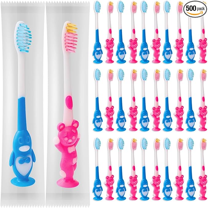 500 pcs Toddler Toothbrush Kids Toothbrush Individually Wrapped Toothbrushes for Age 2+ Children Toothbrush Set Soft Bristles Boys Girls Colorful Toothbrush with Suction Cup