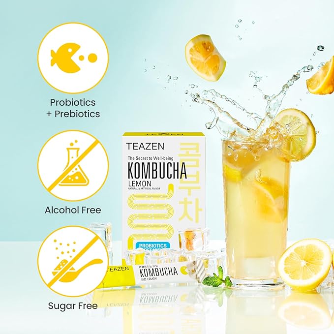 TEAZEN Lemon Kombucha Tea, Hydration Drink Mix, Sugar Free, Live Probiotics & Prebiotics, 10 Sticks, 1.76oz-StrideForce Fitness