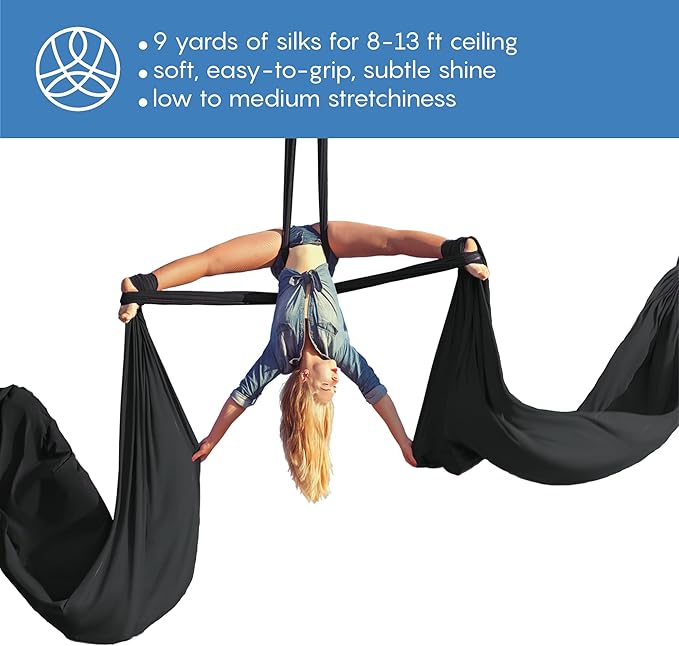 Aerial Silks Starter Kit - Durable 9 Yards of Aerial Yoga Hammock with Hardware & Guide - Aerial Swing for Acrobatic Flying Yoga & All Levels (Aerial Rigging Point Up to 13ft)-StrideForce Fitness