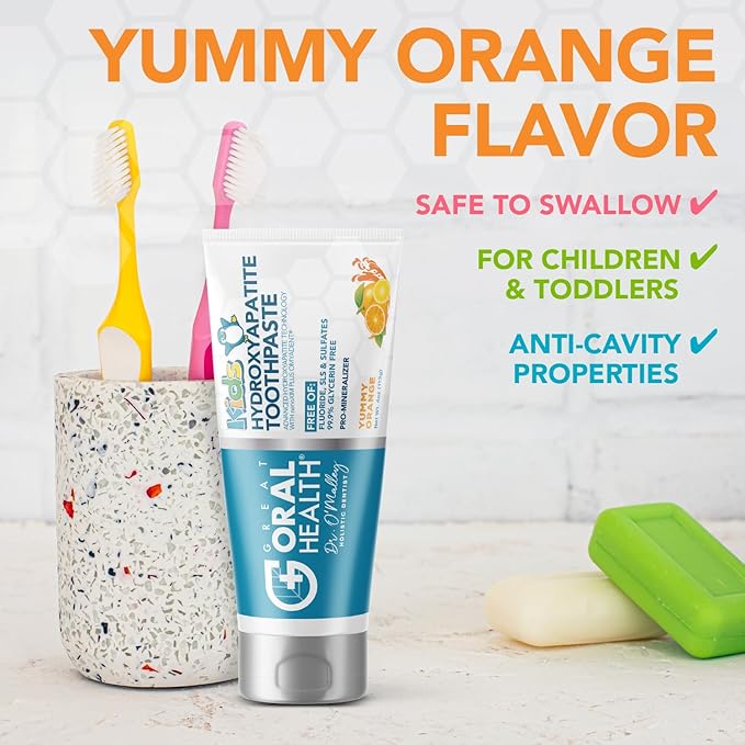 Kids Toothpaste No Fluoride; Non-Toxic Remineralizing Nano Hydroxyapatite Toothpaste Made by Dentist with Xylitol for kids Cavity Protection & Gums, Safe to swallow for Children/Toddlers, Yummy Orange
