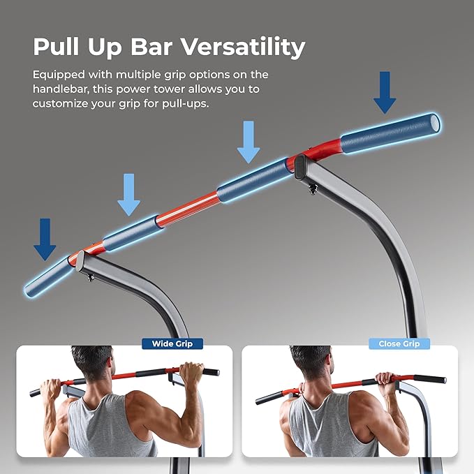 Sunny Health & Fitness Power Tower, Dip Bar, Push-Up & Pull Up Assisting Parallette Station w Optional Rock Climbing Grip Trainer-StrideForce Fitness