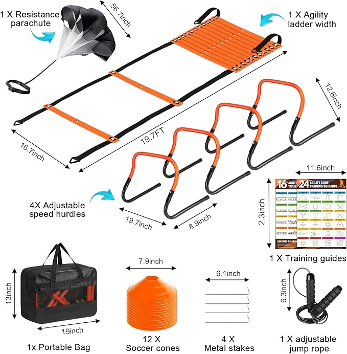 Soccer Training Equipment, Agility Speed Training Set with 20ft Speed Ladder, 12 Cones, 4 Adjustable Hurdles, Jump Rope, Parachute | Ideal for Basketball, Football Practise, for Kids, Youth, Adults-StrideForce Fitness