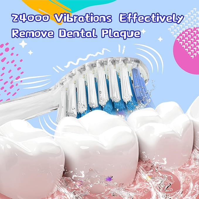 Kids Electric Toothbrush with 2 Minute Timer 30 Seconds Reminder and 4 Replacement Bursh Heads,Color Led Lights,24,000 Vibrations Girls Battery Power Toothbrush for Ages 4-12 Years(Purple)