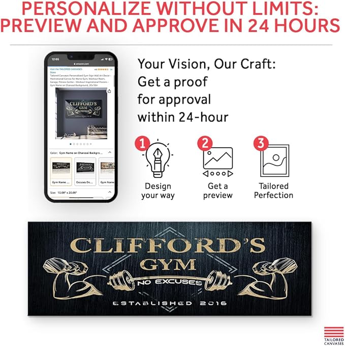 Tailored Canvases Personalized Gym Sign Wall Art Decor - Motivational Canvas for Home Gym, Workout Room, Garage, Fitness Center - Workout Inspirational Posters - Gym Name on Charcoal Background, 36x12in-StrideForce Fitness