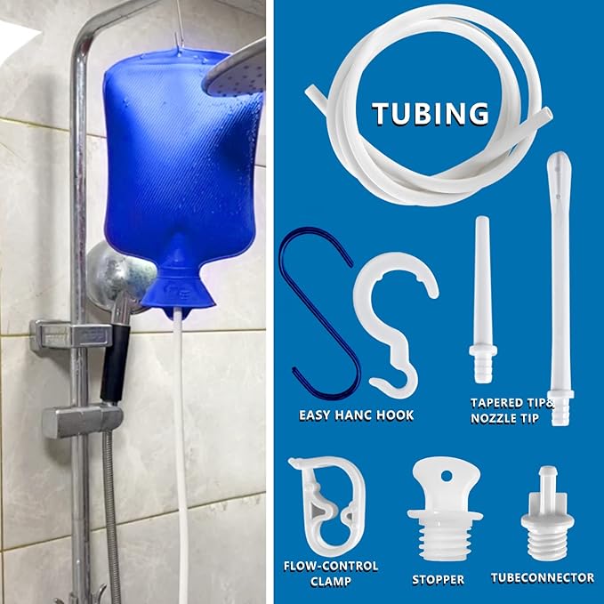 2 L Home Enema Bag Kit with 2 Enema Tips,60 inch Long Silicone Hose, Controlable Water Flow Valve, Hot-Water Bottle for Colon Cleansing Enemas（Blue）-StrideForce Fitness