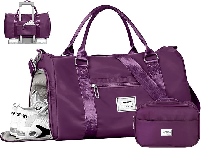 FIORETTO Womens Gym Tote Duffle Bag with Toiletry Bag, Sports Duffel Overnight Hospital Workout Carry on Bag for Girls with Wet Pocket & Shoe Compartment, Ideal for Travel, Swimming, Dance Purple-StrideForce Fitness