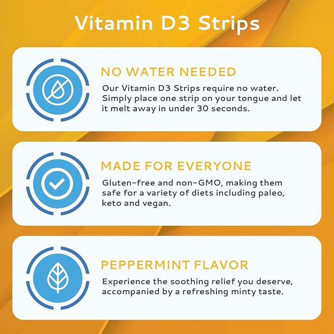 Vitamin D3 Strips 30 Pack| 2000 IU Oral Dissolvable D3 Vitamin Strips | Peppermint Flavor Melts on Your Tongue in 30 Seconds | Boost Immunity & Enhance Mental Focus with Vitamin D3 2000