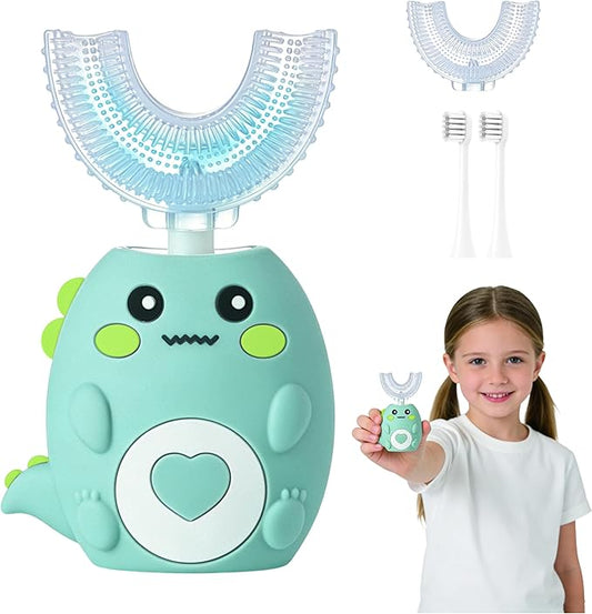 Kids Electric U Shaped Toothbrush, Sonic Automatic Toothbrush Kids with 4 Brush Heads, 3 Cleaning Modes, Cartoon Dinosaur IPX7 Waterproof 360º Round Toddler Electric Toothbrush(Green, Ages 2-12)