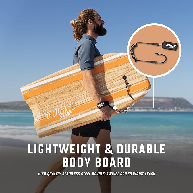 THURSO SURF Quill 42'' Bodyboard Lightweight Durable EPS Core IXPE Deck HDPE Slick Bottom FRP Stringer Crescent Tail Dual Channel Plastic Mesh with Double Stainless Steel Swivel Coiled Wrist Leash-StrideForce Fitness