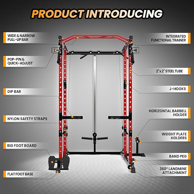 GaveeLife Power Cage, 2000 LBS Power Rack with Cable Cross-Over System, Multi-Functional Strength Training Squat Rack with LAT Pull Down System, Home Gym Equipment with Training Attachment, Red-StrideForce Fitness