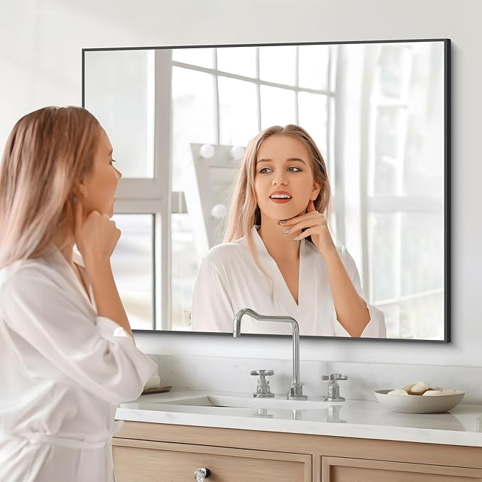 Black Bathroom Mirror for Wall, 30x36 Inch Rectangle Mirrors with Metal Frame, Modern Vanity Wall Mirror Decor for Entryway Hangs, Bathroom Living Room Horizontal or Vertical-StrideForce Fitness