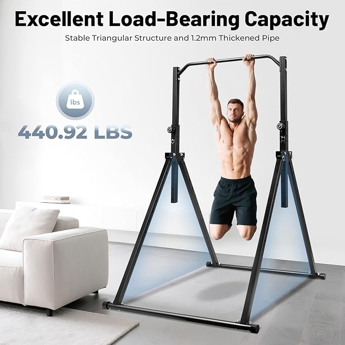 Foldable Power Tower Pull Up Bar Dip Station, 200kg/440.92lbs Triangular Pull Up Bar Station Adjustable, Multi-Function Strength Training Fitness Equipment for Home Gym-StrideForce Fitness