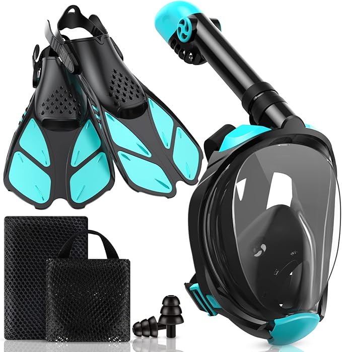 Mask Fins Snorkeling Gear for Adults, Full Face Snorkel Mask & Adjustable Swim Fins Snorkel Set, Panoramic View Snorkel Mask Dry Top Anti-Fog Anti-Leak-StrideForce Fitness