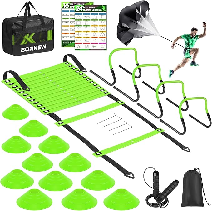 Soccer Training Equipment, Agility Speed Training Set with 20ft Speed Ladder, 12 Cones, 4 Adjustable Hurdles, Jump Rope, Parachute | Ideal for Basketball, Football Practise, for Kids, Youth, Adults-StrideForce Fitness