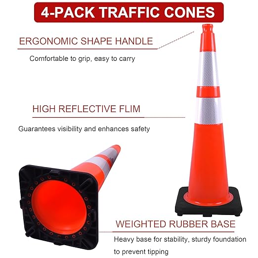 OrangeStar 36" Traffic Cones 4-Pack, Orange Safety Cones with 2 Reflective Collars, Weighted Base for Highway, Roadwork, Construction, Warehouse Safety, Parking Lots | Indoor & Outdoor Use-StrideForce Fitness