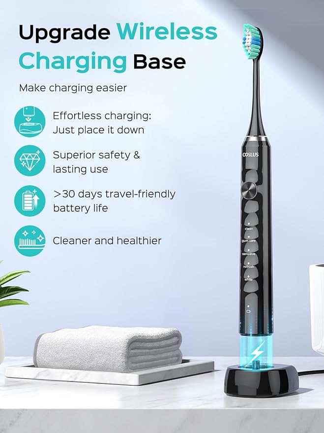 COSLUS Sonic Electric Toothbrush for Adults: 47000 VPM for Deep Cleaning & Whitening with Travel Case - 5 Modes for Sensitive Teeth & Braces, Wireless Charging, 6 Brush Heads, Black & Green (2PCS)
