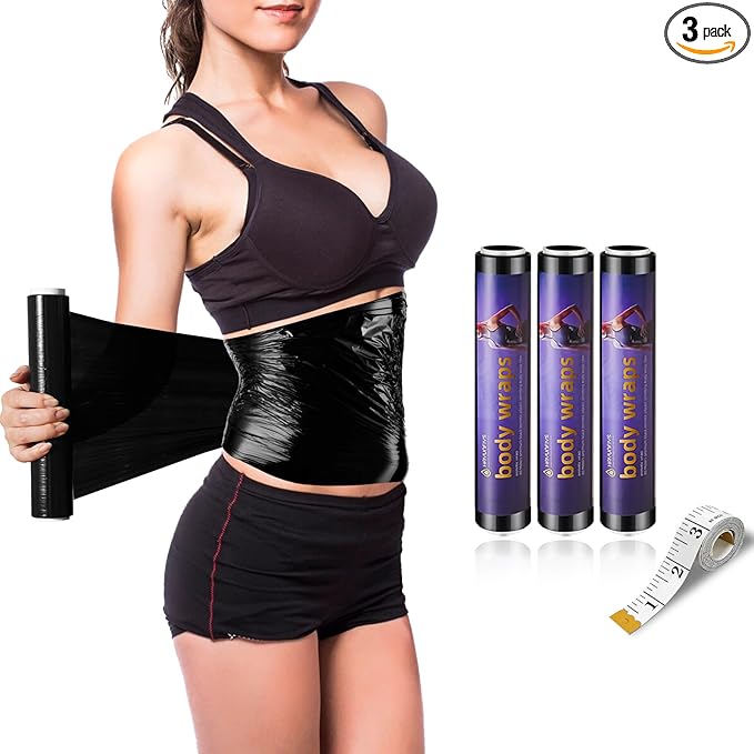 60 Meters Black Osmotic Plastic Body Wrap, Workout & Sweat Enhancer Stomach Film Body Applicator Power Wrap (3 Rolls)-StrideForce Fitness