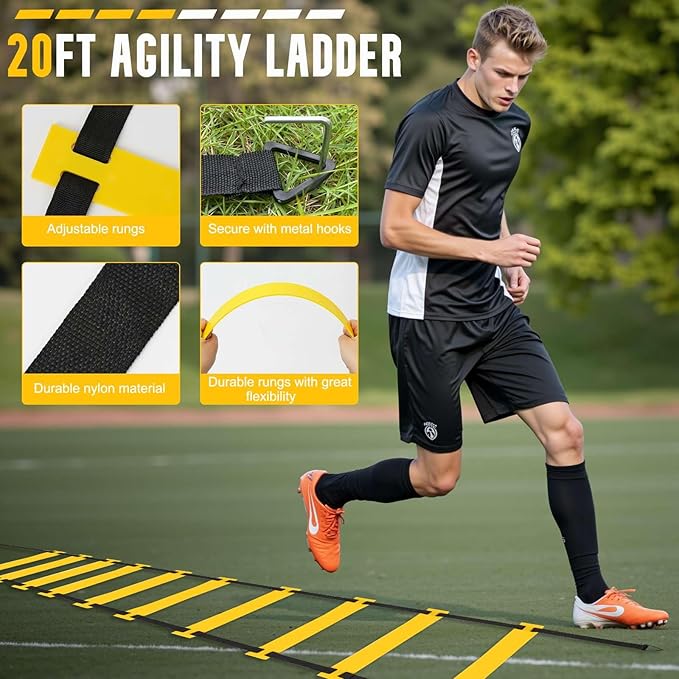 Agility Ladder, Soccer Training Equipment Set, 4 Agility Hurdles, 20ft Speed Ladder, Running Parachute, 12 Football Cones, Jump Rope | Soccer Basketball Athletes Speed Training-StrideForce Fitness