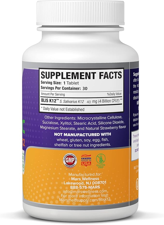 Oral Probiotic Supplement with BLIS K12 4 Billion CFU - Now Dairy Free - Doctor Formulated 30 Day Supply Bottle for Bad Breath, Strep, Cavities, Gum and Oral and Dental Health - Sugar Free - USA Made